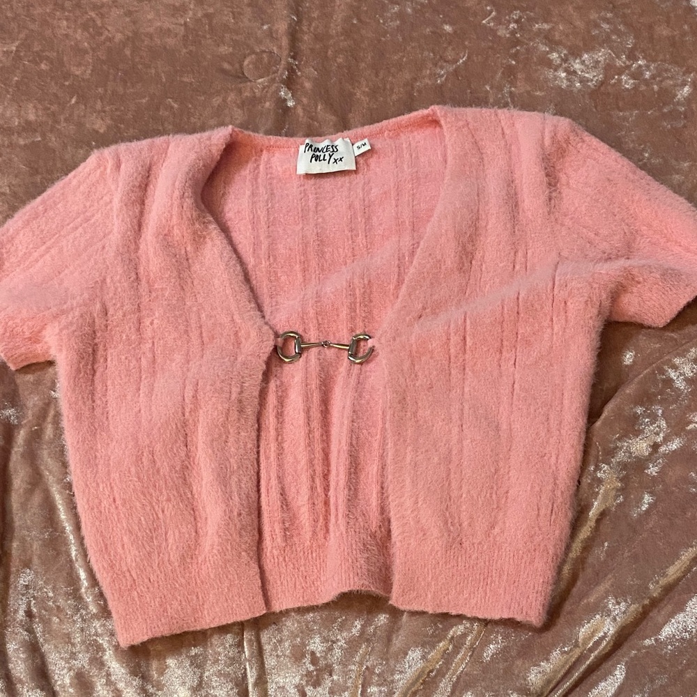 Princess Polly Pink Fuzzy Cropped Cardigan with Horsebit Closure